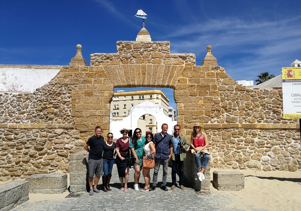 Day trip Bodega visit in Jerez and sightseeing in Cádiz, tour group at La Caleta